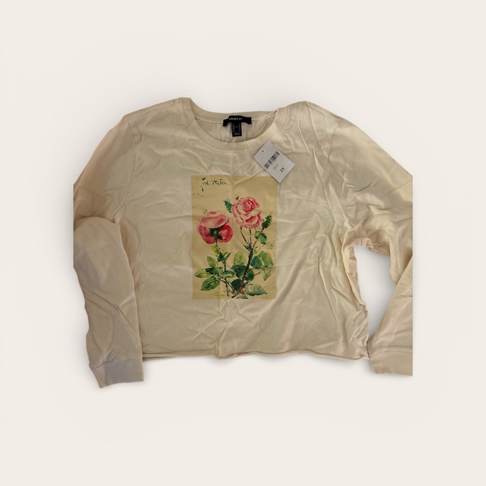 Forever 21 Cream Long Sleeve Shirt with Rose Print NWT